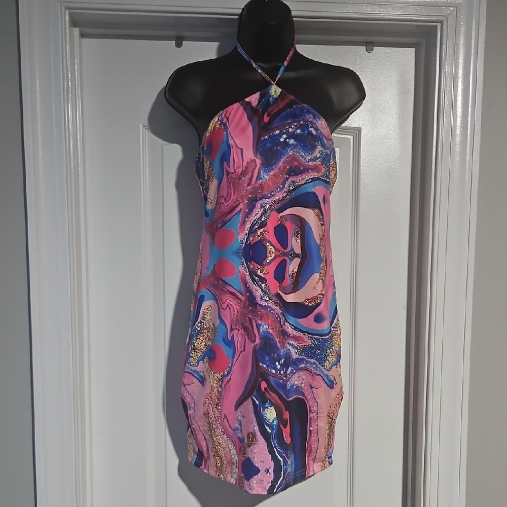 SHEIN Pink and Blue Halter Sheath Mini Dress